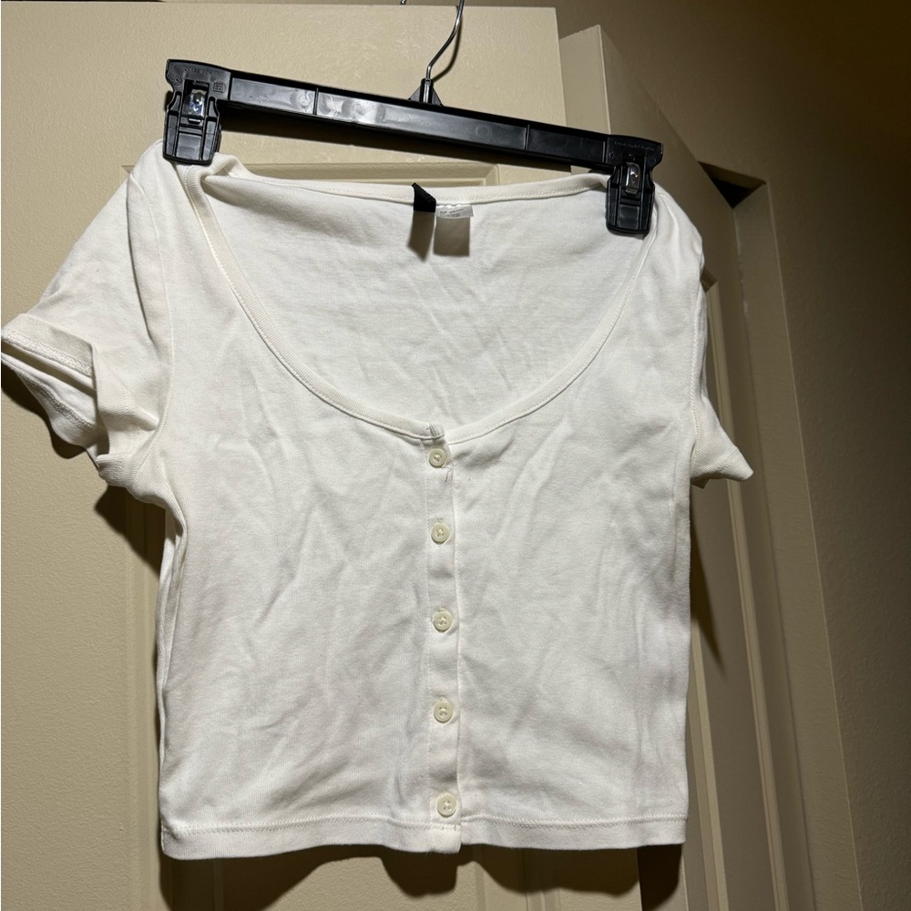 H&M S Cropped White Button-Down Shirt